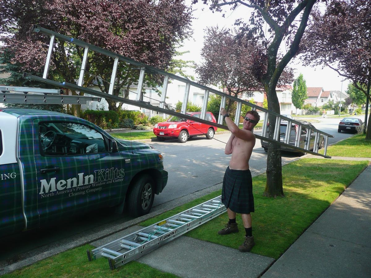 Working holiday in Canada with Men In Kilts window cleaning, around 2009