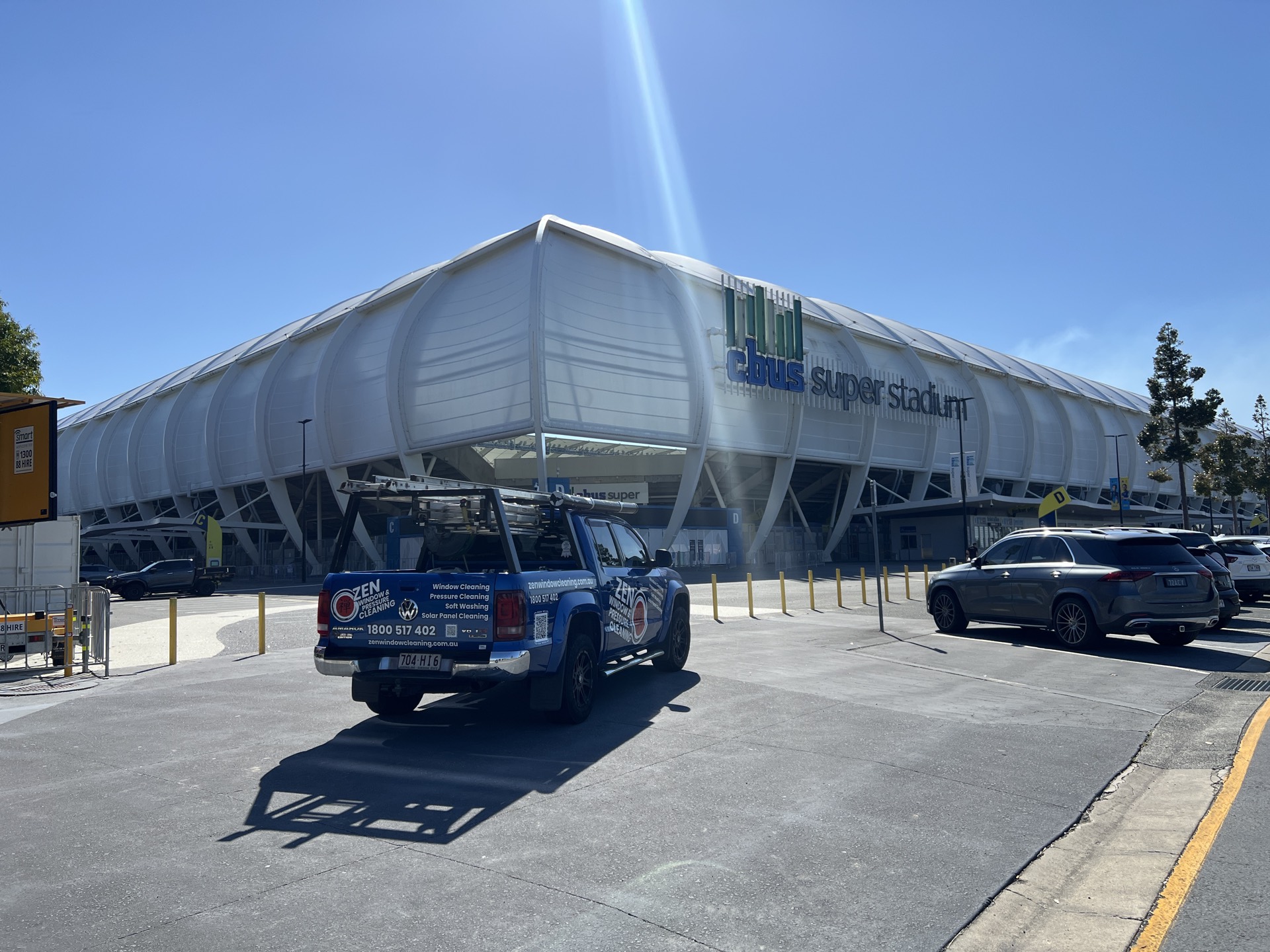Zen Window Cleaning ute outside Cbus Super Stadium in Robina