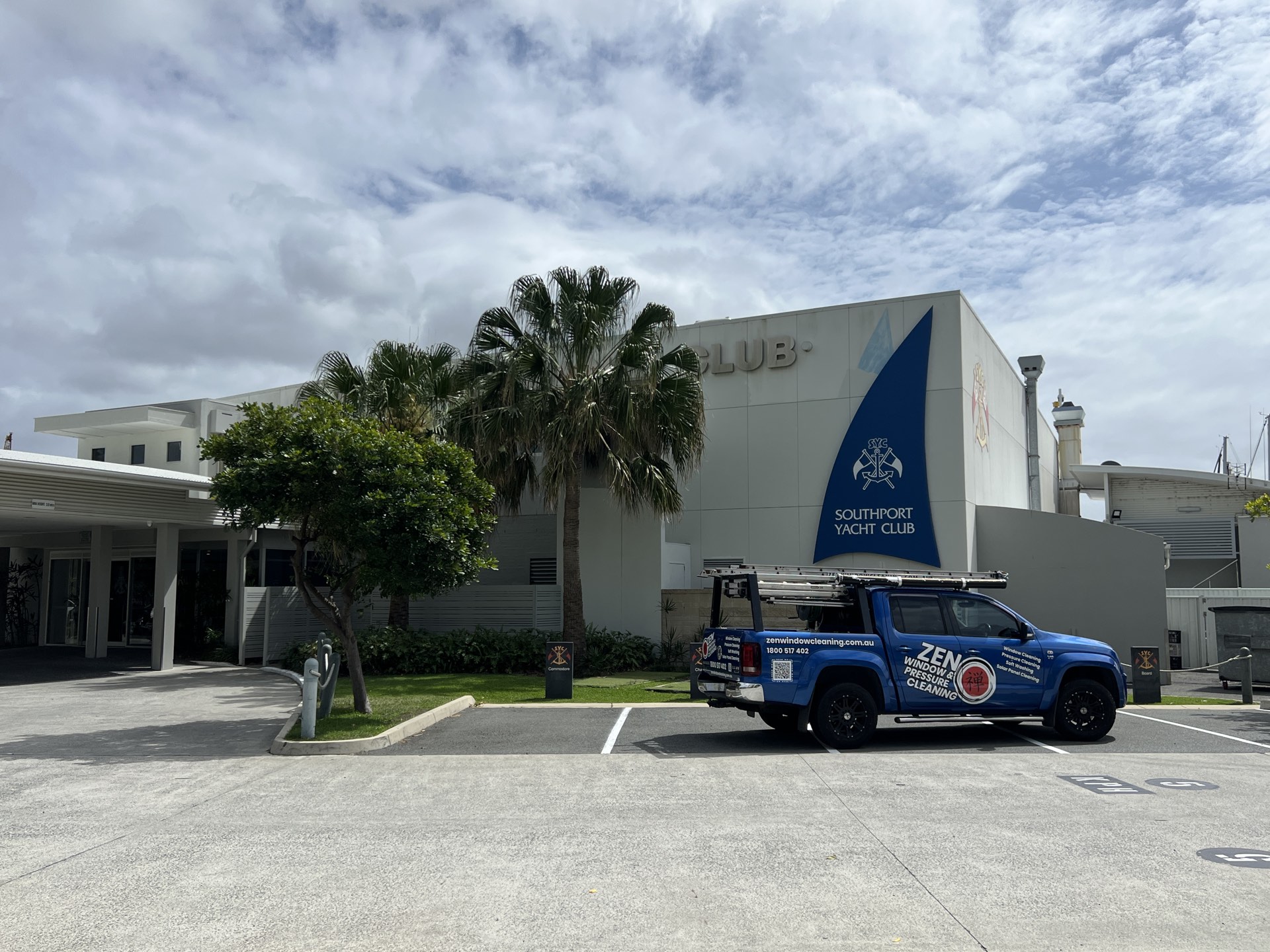 Zen Window Cleaning ute outside the Southport Yacht Club