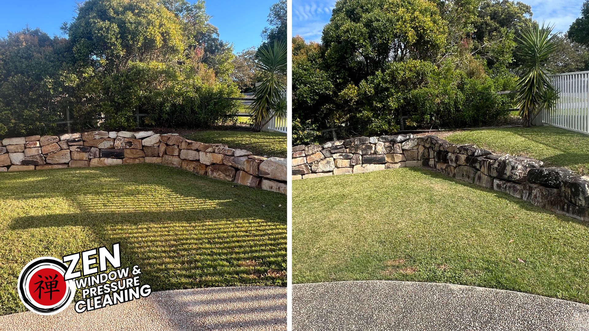 Professional retaining wall cleaning of a stone garden wall on the Gold Coast by Zen Window Cleaning.
